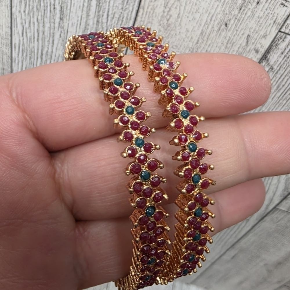 Gold and Red Gemstone Bangle Bracelet - Picture 2 of 2